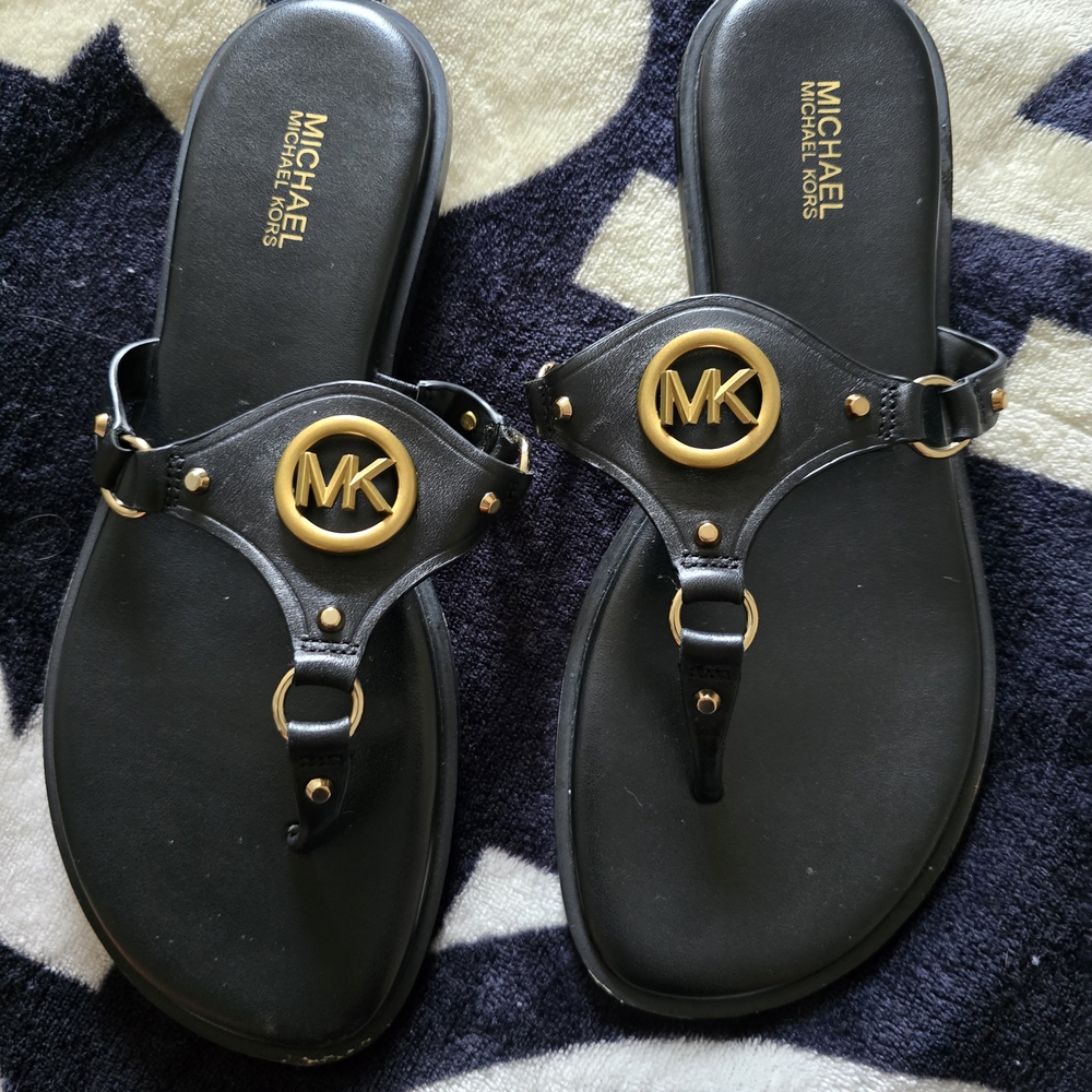 Michael Kors Black Sandals with Gold MK Logo